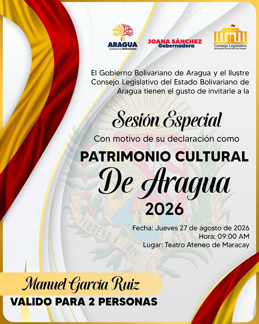 Invitación a sesión especial en Maracay para nombrar Patrimonio Cultural De Aragua a Manuel García Ruiz "Max Bembo".